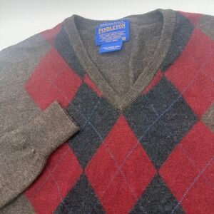 Pendleton Wool Argyle Sweater V-Neck Pullover Classic Fit Brown Red Mens‎ M